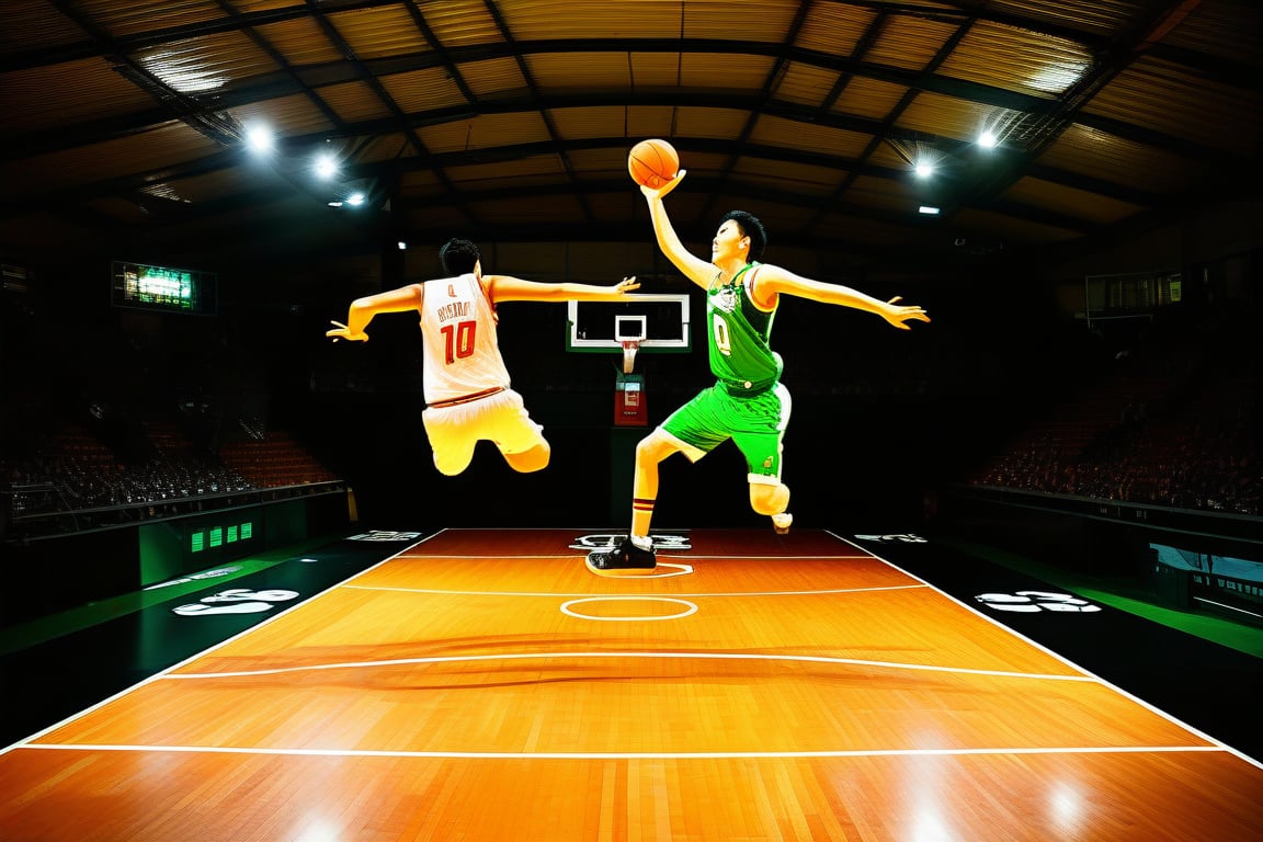 A dimly lit indoor basketball court with a warm orange glow emanating from the overhead lights. The polished hardwood floor glistens in the soft light, reflecting the vibrant colors of the court's painted lines and the bright green of the players' jerseys. In the center of the frame, two athletes leap into the air, their arms outstretched as they battle for possession of the ball.