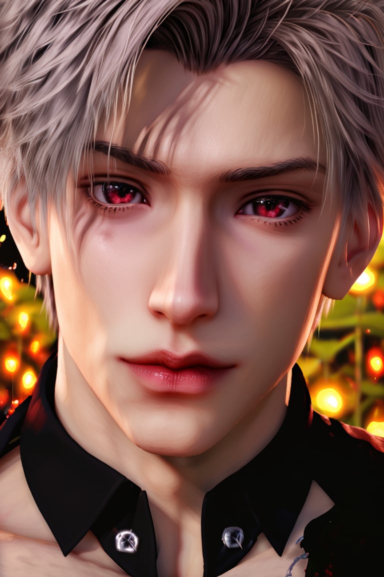 (a man 18 years old in a garden:1),night,elegant clothing,very detailed image,light contour,close up,hdr,ultra hd,4k,8k,looking_at_viewer,medium full shot,Sylus_lnds,Red eyes,Grey hair,Short hair,Bangs