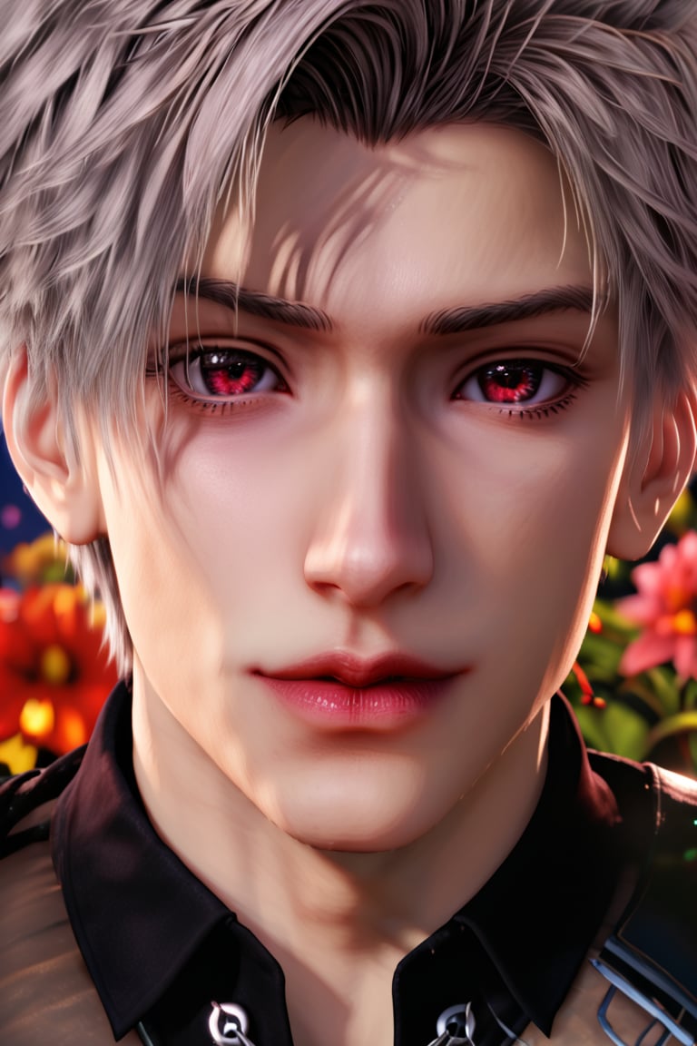 (a man 18 years old in a garden:1),night,elegant clothing,very detailed image,light contour,close up,hdr,ultra hd,4k,8k,looking_at_viewer,medium full shot,Sylus_lnds,Red eyes,Grey hair,Short hair,Bangs