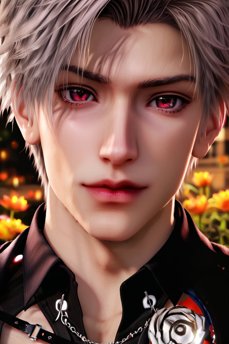 (a man 18 years old in a garden:1),night,elegant clothing,very detailed image,light contour,close up,hdr,ultra hd,4k,8k,looking_at_viewer,medium full shot,Sylus_lnds,Red eyes,Grey hair,Short hair,Bangs