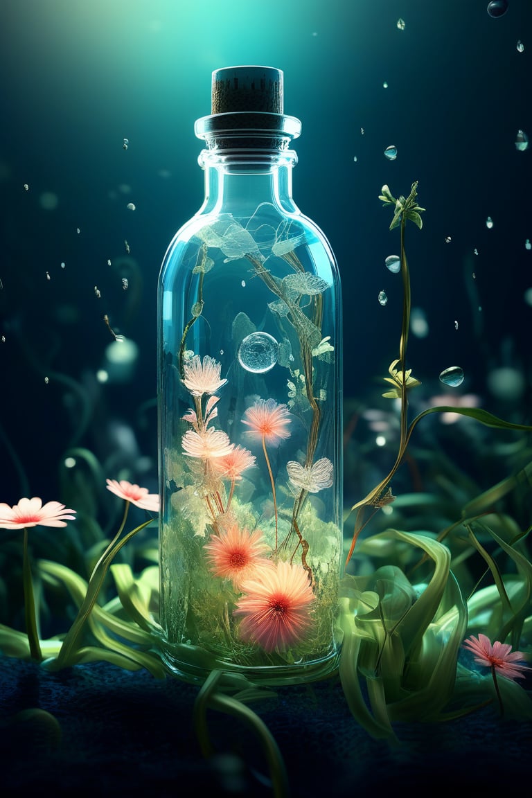 a transparent glass bottle in deep sea, inside the glass bottle there are flowers, petals, grass, plants, leaves, vines twining, water drops, forest, ray facing, strong contract, 3D art, depth of filed, ambient light