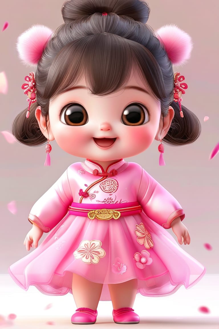 a cute 2 years old asian girl with a big head and small body, her hair is fluffy, big eyes, one eye blinking, doe mouth, playful and cute, pink chinese tranditional dress, 3D, illutration, Anime style.