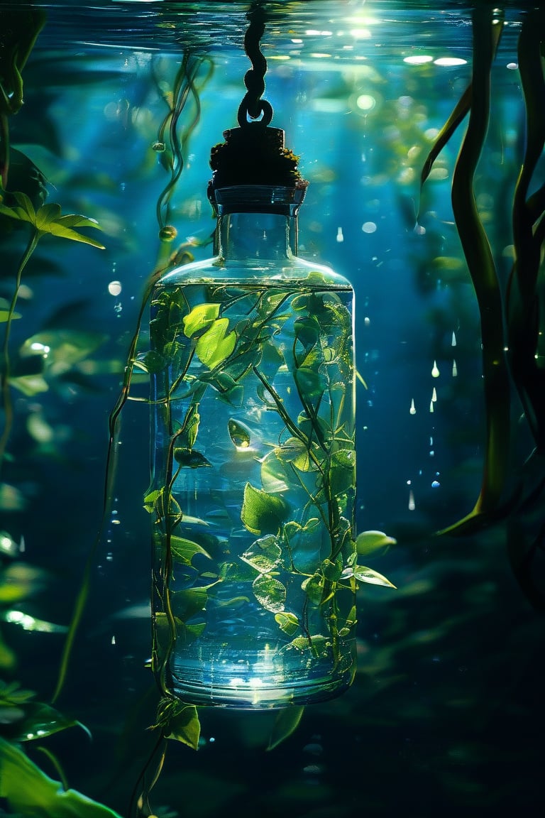 A diver's gaze pierces the dark blue abyss as a transparent glass bottle suspended in mid-water holds a lush, verdant secret. Petals unfurl, grassy tendrils twine, and vines wrap around the delicate container, adorned with glistening water droplets. The forest's secrets are revealed within, where rays of sunlight face the camera, creating strong contrast against the ambient light's soft glow, which casts a warm, 3D ambiance across the scene.