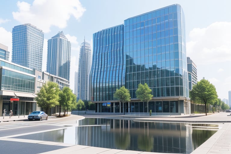 outdoors, sky, day, cloud, tree, blue sky, no humans, window, building, scenery, reflection, city, road, cityscape, skyscraper, real world location