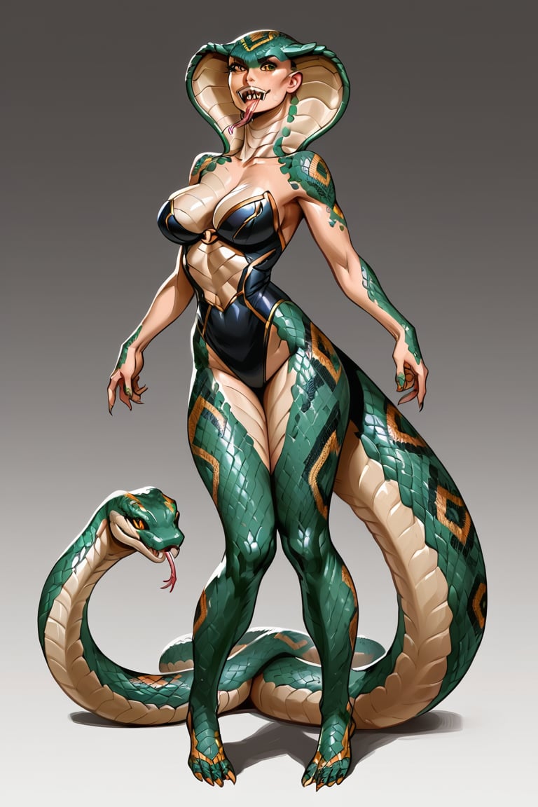 snake woman, green skin, scales, scaly skin, snake body, fangs, forked tongue, full body,
