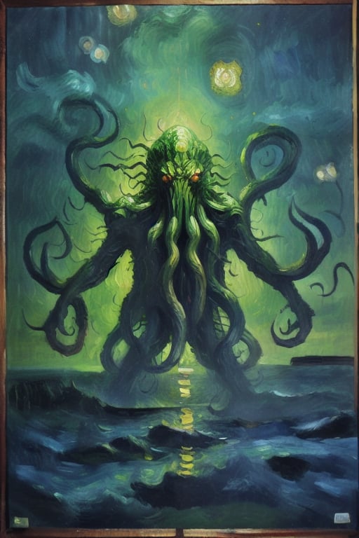 Cthulhu, giant monster rising from the ocean under starry sky. s,impressionism,fine art, vangogh, swirling stars, brush strokes, texturesd, 