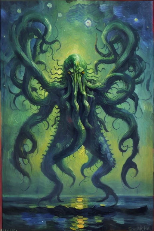 Cthulhu, giant monster rising from the ocean under starry sky. s,impressionism,fine art, vangogh, swirling stars, brush strokes, texturesd, 