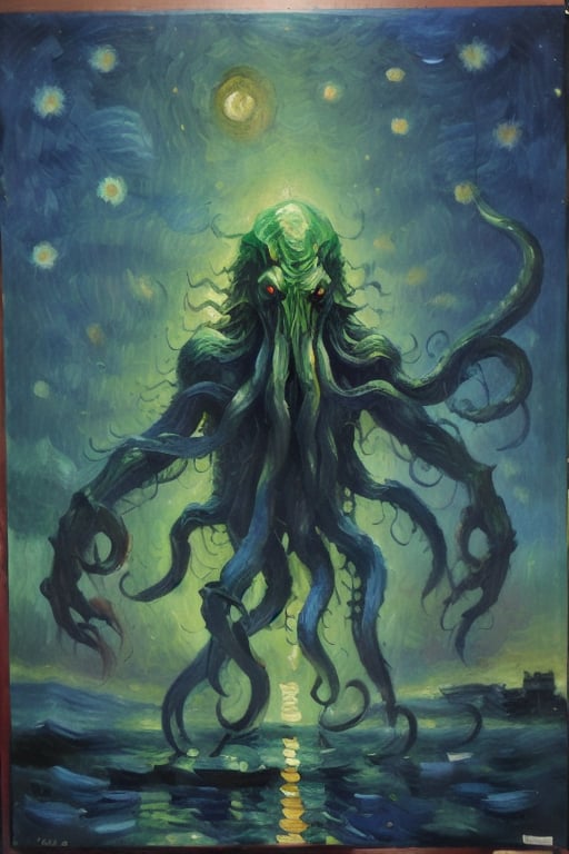 Cthulhu, giant monster rising from the ocean under starry sky. s,impressionism,fine art, vangogh, swirling stars, brush strokes, texturesd, 