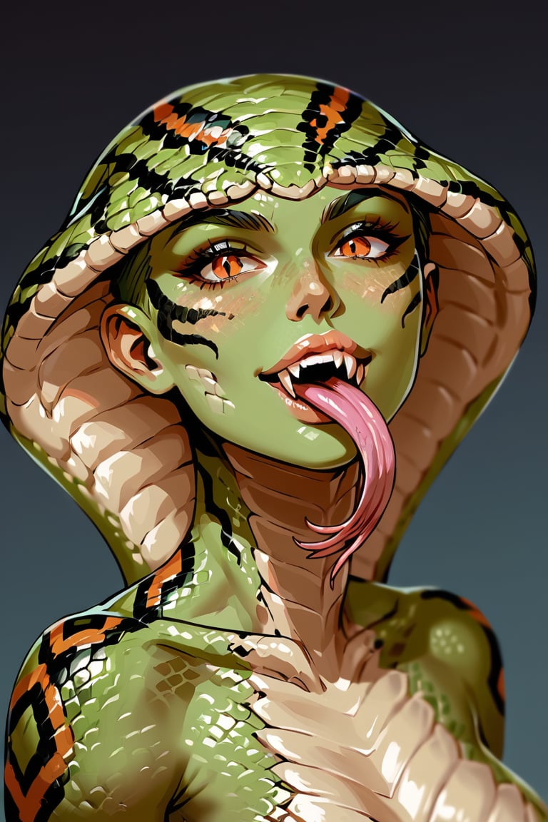 snake woman, green skin, scales, scaly skin, snake body, fangs, forked tongue, 
