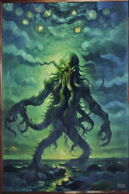 Cthulhu, giant monster rising from the ocean under starry sky. s,impressionism,fine art, vangogh, swirling stars, brush strokes, texturesd, 