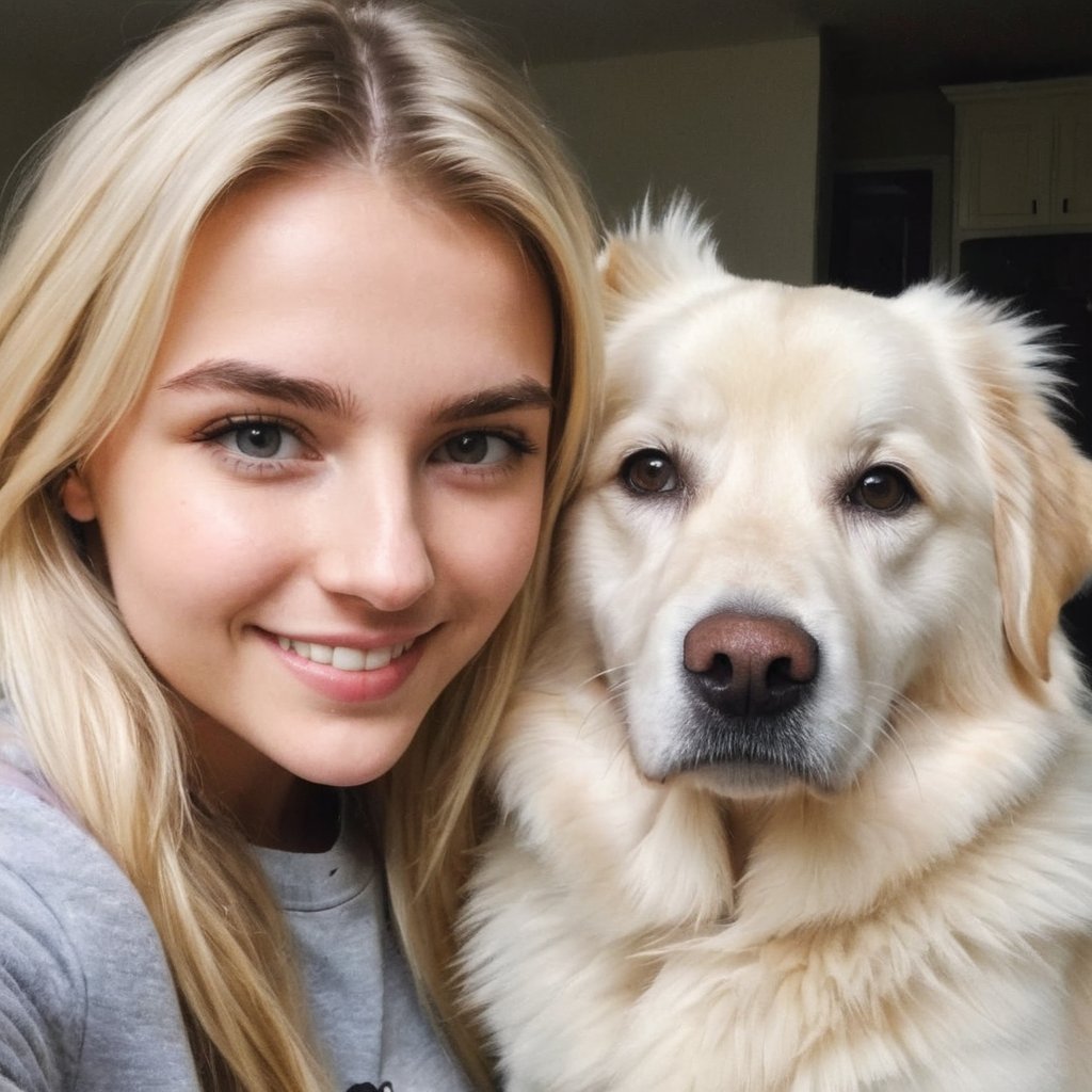 A selfie of a 21 year old blonde girl with her dog