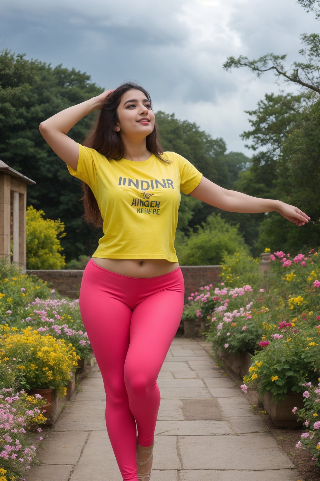 cute curvy short height Indian young cute actress, long hair, cute young face, wearing red  tight tshirt and lite yellow leggings, standing , clear blue sky and pink flowers garden , side curvy pose hips visible flying in heavy air, thunderstorm 