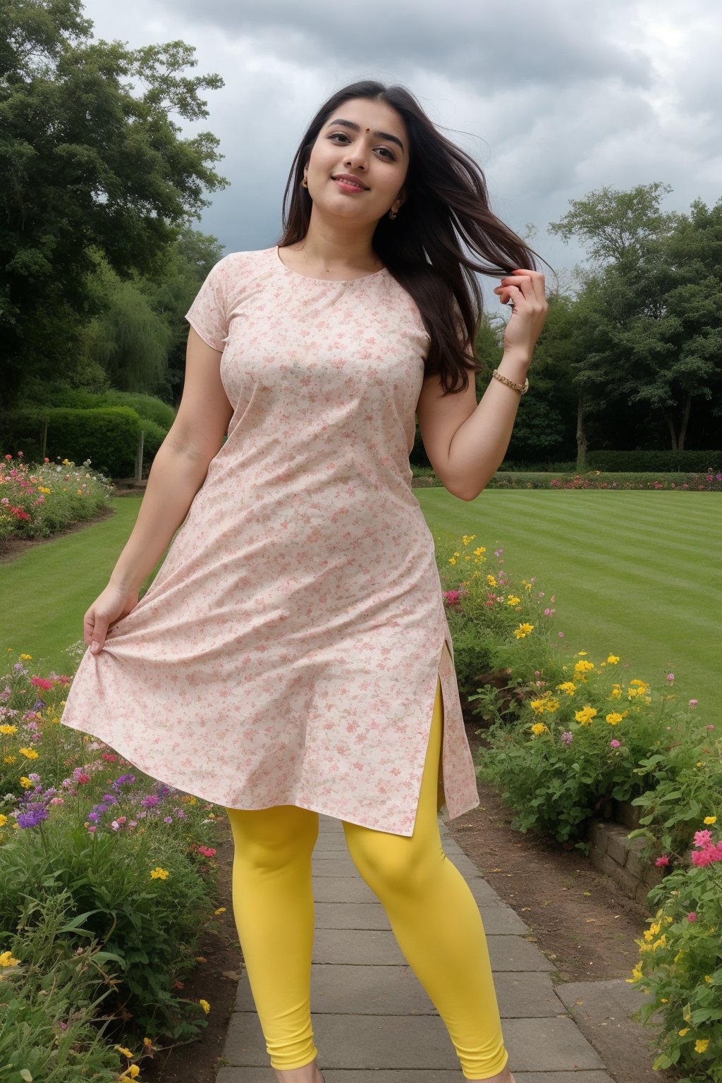 cute curvy short height Indian young cute actress, long hair, cute young face, wearing cotton fabric red plain round neck  kurti and lite yellow leggings, standing , clear blue sky and pink flowers garden , side curvy pose hips visible kurti flying in heavy air, thunderstorm 