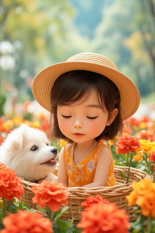 High Definition Cute Cartoon Girl Illustration. 14-year-old Thai girl wearing bright orange dress and hat is sitting in a flower basket full of red-orange flowers. She is crouching down to play with a fluffy white dog. Cartoon style.