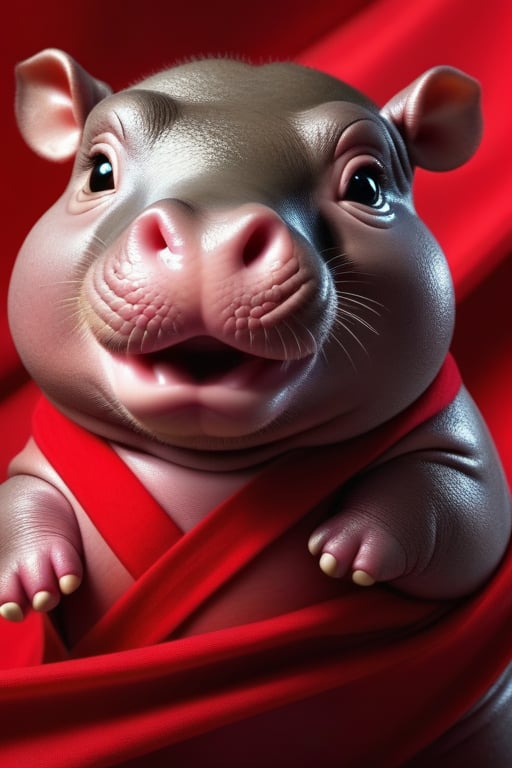 High-resolution 4K photo, cinematic lighting, baby hippo wearing a deep V-neck shirt, shiny red, waving a red flag, thin fabric, cute and adorable, a 6-month-old chubby hippo.