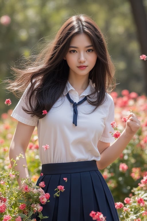 This photograph captures a beautiful Thai woman shining in a colorful maple garden. The young woman, wearing a Thai school girl's uniform, a white collared shirt, a dark blue pleated skirt, and a short dark blue tie, spins gracefully around as she moves, with cherry blossom petals swaying in the wind. Her long, shiny black hair falls down her back in loose curls, and her eyes sparkle like precious gems, filled with a captivating beauty that makes it impossible for anyone to take their eyes off her. The garden is full of colors, and this photograph is delicately and delicately rendered.