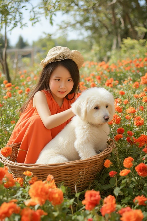 High Definition of photo Cute Thai Girl Illustration. 14-year-old Thai girl wearing bright orange dress and hat is sitting in a flower basket full of red-orange flowers. She is crouching down to play with a fluffy white dog. Realistic style.