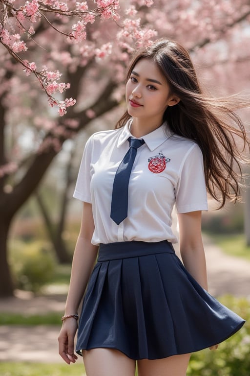 This photograph captures a beautiful Thai woman shining in a colorful maple garden. The young woman, wearing a Thai school girl's uniform, a white collared shirt, a dark blue pleated skirt, and a short dark blue tie, spins gracefully around as she moves, with cherry blossom petals swaying in the wind. Her long, shiny black hair falls down her back in loose curls, and her eyes sparkle like precious gems, filled with a captivating beauty that makes it impossible for anyone to take their eyes off her. The garden is full of colors, and this photograph is delicately and delicately rendered.