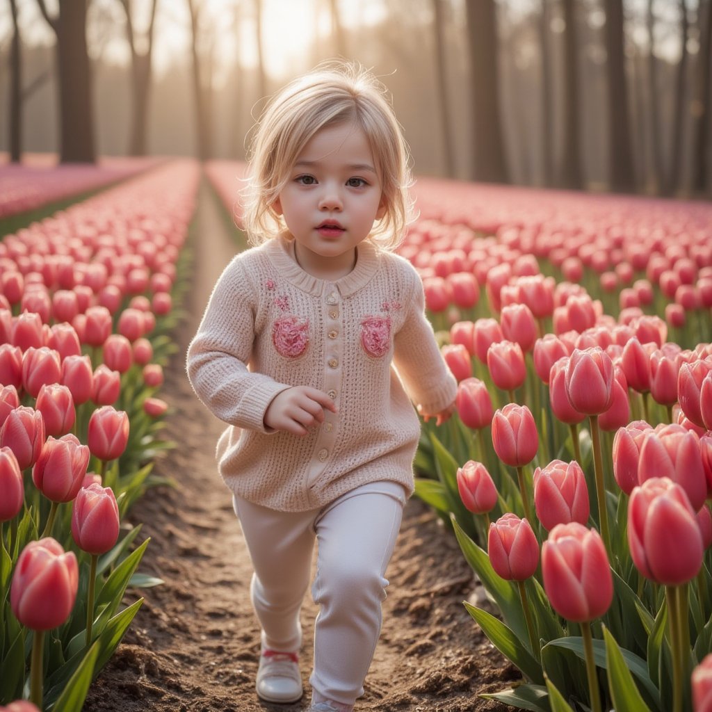 8K Realistic 3D Image of a Little Kid Running in a Field of Pink Tulips, Showing the Cuteness of a Little Kid in Beautiful Nature, Wide Angle Shot Showing the Details of the Field