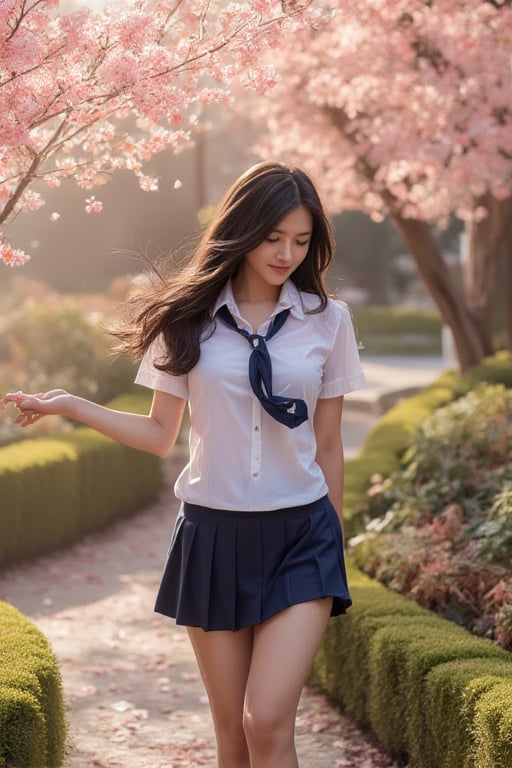 This photograph captures a beautiful Thai woman shining in a colorful maple garden. The young woman, wearing a Thai school girl's uniform, a white collared shirt, a dark blue pleated skirt, and a short dark blue tie, spins gracefully around as she moves, with cherry blossom petals swaying in the wind. Her long, shiny black hair falls down her back in loose curls, and her eyes sparkle like precious gems, filled with a captivating beauty that makes it impossible for anyone to take their eyes off her. The garden is full of colors, and this photograph is delicately and delicately rendered.