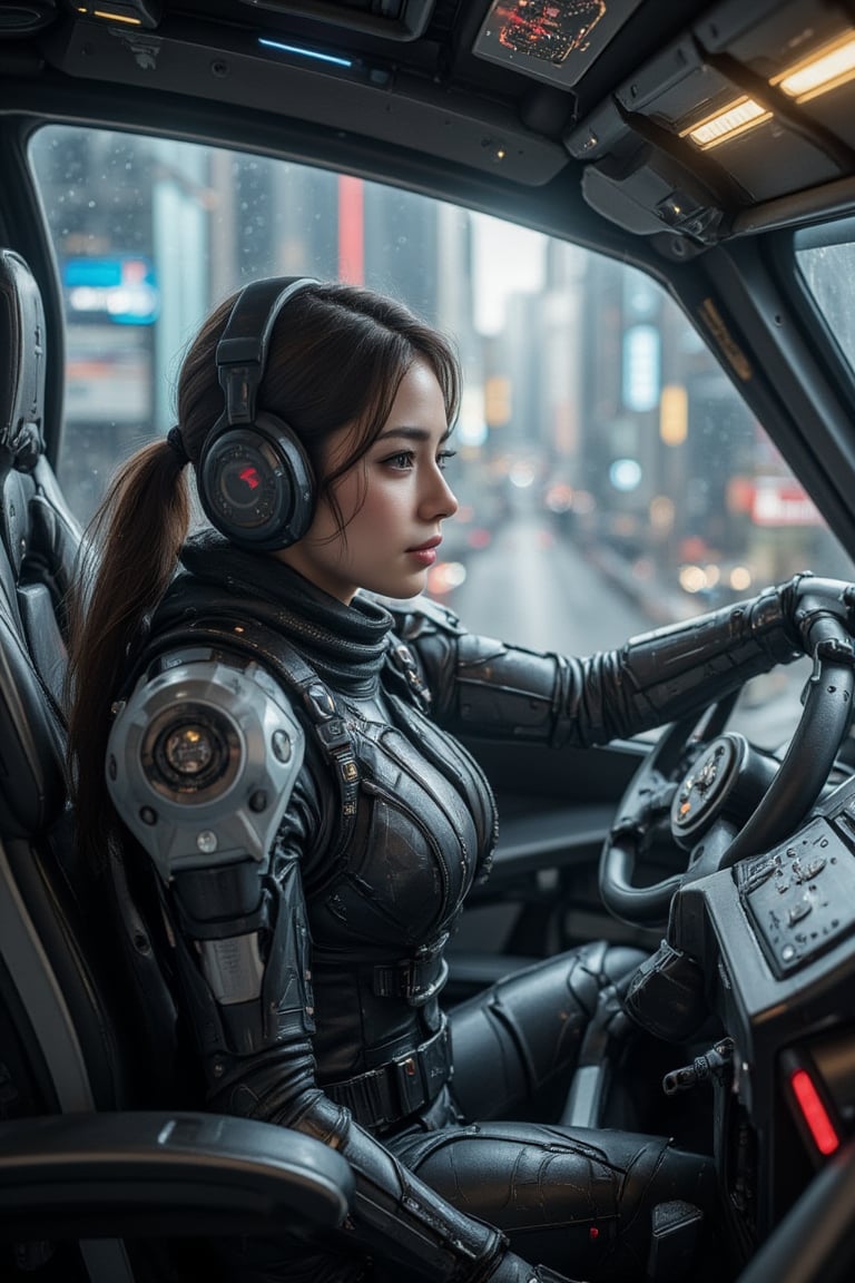 8K hyper-realistic cinematic 3D image of a female mech pilot, inside her advanced cockpit, surrounded by holographic displays. Her sleek, futuristic armor integrates with the controls, showcasing her readiness for battle in a chaotic urban environment.