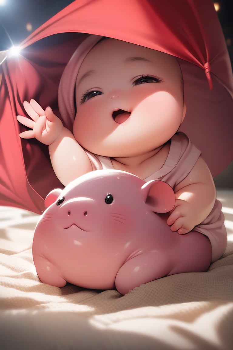 High-resolution 4K photo, cinematic lighting, baby hippo wearing a deep V-neck shirt, shiny red, waving a red flag, thin fabric, cute and adorable, a 6-month-old chubby hippo.