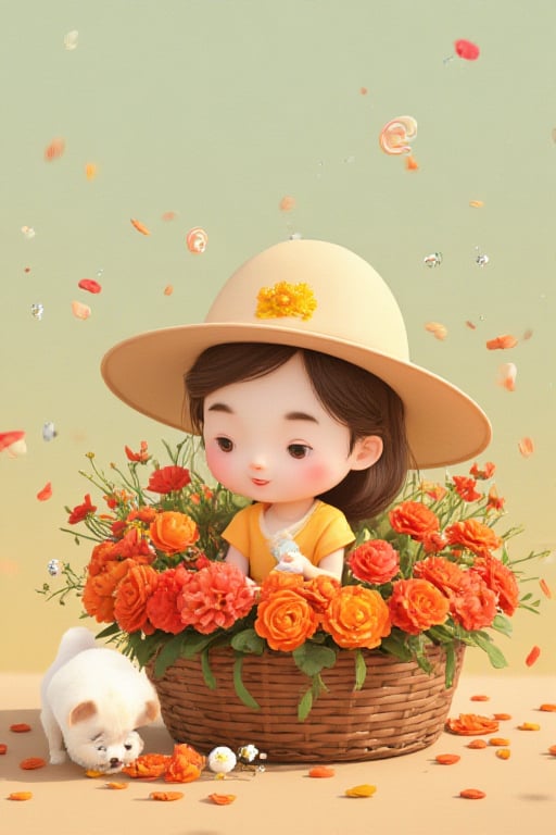 High Definition Cute Cartoon Girl Illustration. 4-year-old Thai girl wearing bright orange dress and hat is sitting in a flower basket full of red-orange flowers. She is crouching down to play with a fluffy white dog. Cartoon style.