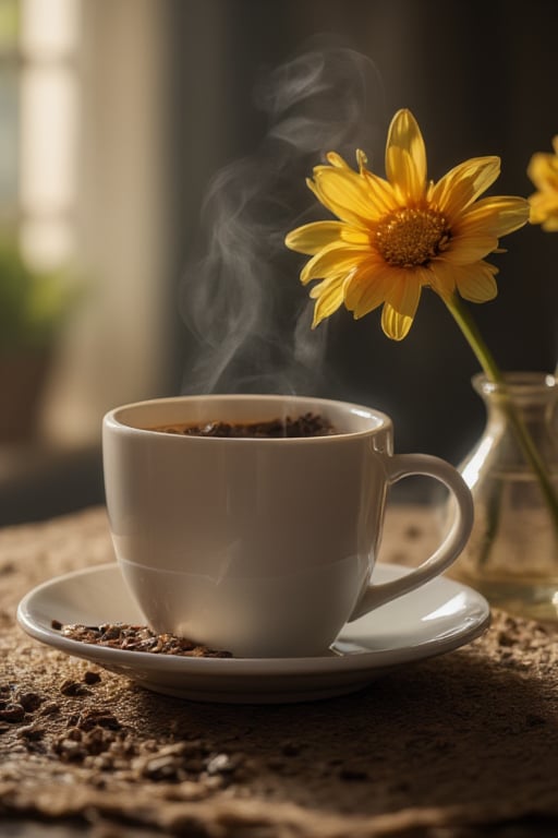 High-resolution 4K photo with cinematic lighting. A cup of coffee with sabwith on the table near the the yellow fower.