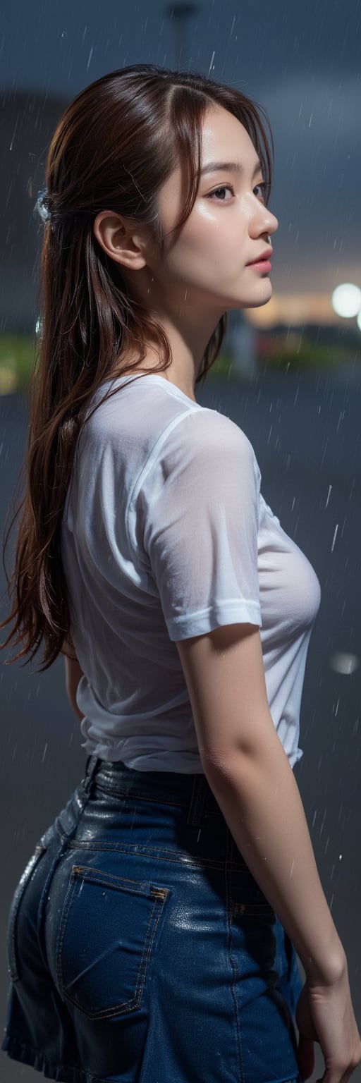 Masterpiece HD 8K High Definition Brown Eyes Brown-Red Hair School Girl Look Stars Night Sky Viewers 1 Girl Chaina, 20 years old 1 Girl Brown-Red Hair Brown Eyes She is wearing a Thai school uniform, white shirt, blue skirt, realistic style. She is standing in the rain waiting for her parents in front of the Thai school, her clothes are soaking wet.