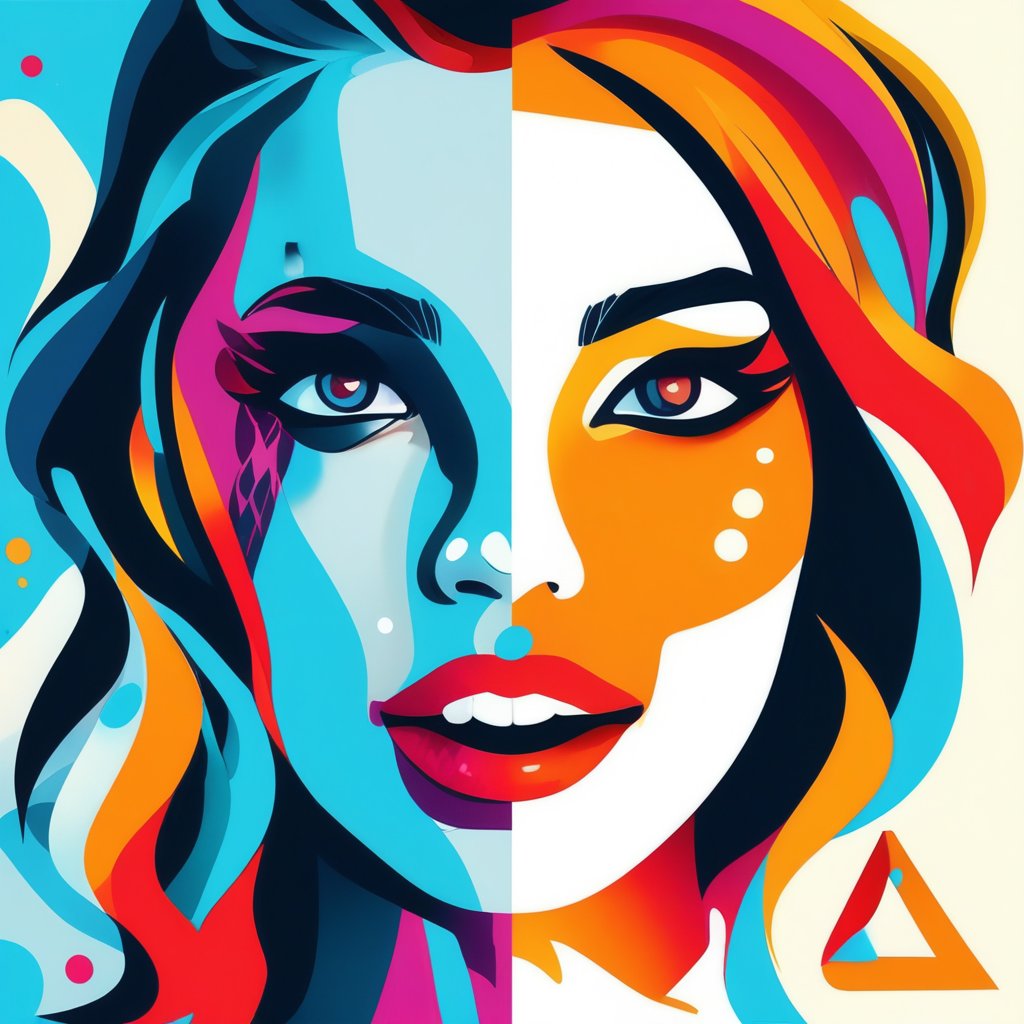 Youtube logo design, modern, yet also carries a retro and nostalgic feel with an energetic vibe.  Vector of abstract face, half man, other half beautiful woman face. Color and anything that represent dopamine rush and happy dose.

