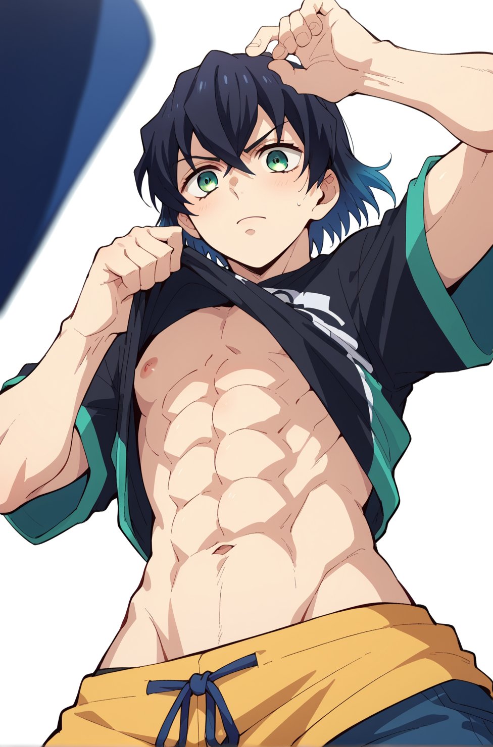 Gay, pulling up shirt, twink,white background, showing belly, bottom view, view from abs, viewers on abs, anime style, , score_9_up, score_8_up, score_7_up, score_6_up,score_5_up,score_4_up,source_anime,BREAK,anime, twink, anime, twink,inosuke_hashibira, black hair, green eyes, blue hair, multicolored hair, bangs, short hair, hair between eyes, gradient hair,