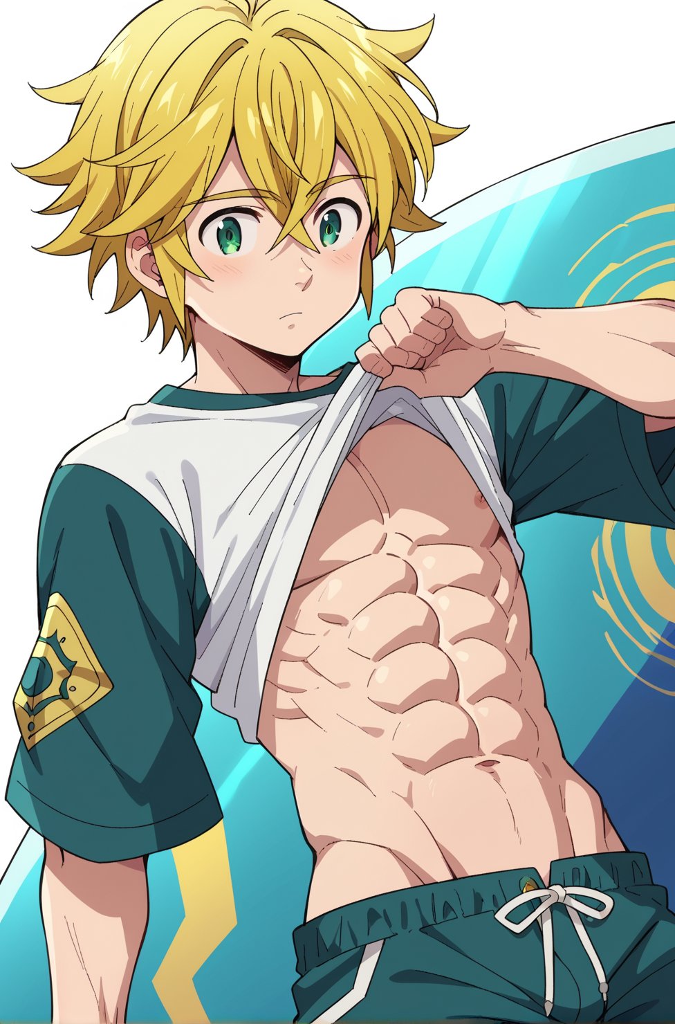 Gay, twink,white background, surfer, ,surf suit, look at viewer, pulling up shirt, abs, holding surf board, anime style, strong, looking down, score_9_up, score_8_up, score_7_up, score_6_up,score_5_up,score_4_up,source_anime,BREAK,anime, twink, anime, twink,meliodas_nanatsu_no_taizai, blonde hair, green eyes, hair between eyes, 