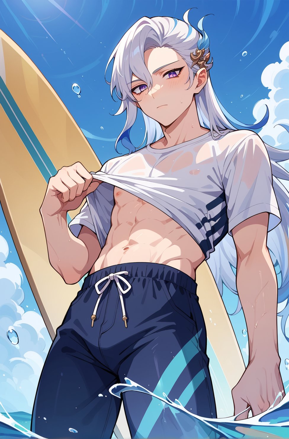 Gay,shirt half open, twink,water background, bottom view, surf board, surfer, ,surf suit, swim suit, suit, look at viewer, pulling shirt up, holding surf board, anime style, strong, looking down, score_9_up, score_8_up, score_7_up, score_6_up,score_5_up,score_4_up,source_anime,BREAK, anime, twink, anime, twink,Neuvillette,Long Hair, White Hair, Blue Hair,Multicolored Hair, Purple Eyes,Feather Hair Ornament