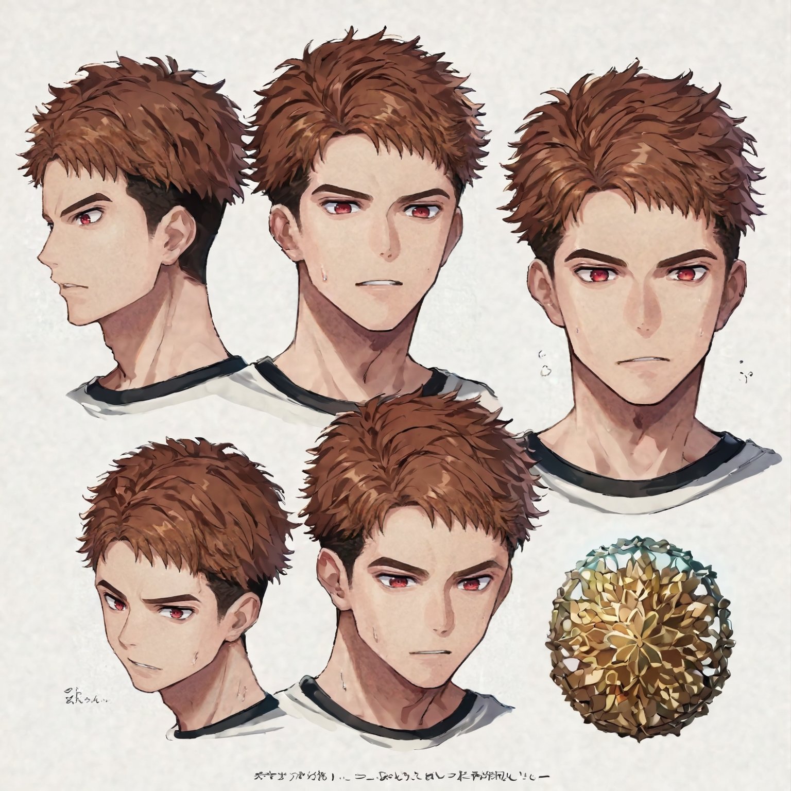 score_9_up, score_8_up, score_7_up, score_6_up, score_5_up, score_4_up, source_anime, detailed, masterpiece, perfect_proportion, (zPDXL3),
BREAK, 
six faces, separate faces, different expressions, reference sheet, expressions, multiple views, white background, countershading, 1boy, solo,
BREAK,
shinkai_soyogu, brown hair, red eyes