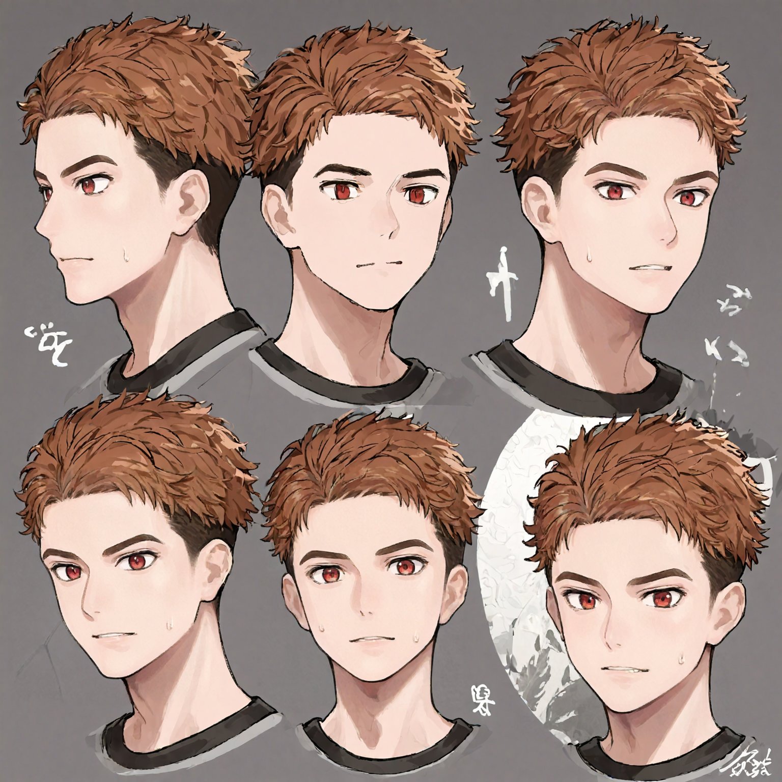 score_9_up, score_8_up, score_7_up, score_6_up, score_5_up, score_4_up, source_anime, detailed, masterpiece, perfect_proportion, (zPDXL3),
BREAK, 
six faces, separate faces, different expressions, reference sheet, expressions, multiple views, white background, countershading, solo, 1 male,
BREAK,
shinkai_soyogu, brown hair, red eyes