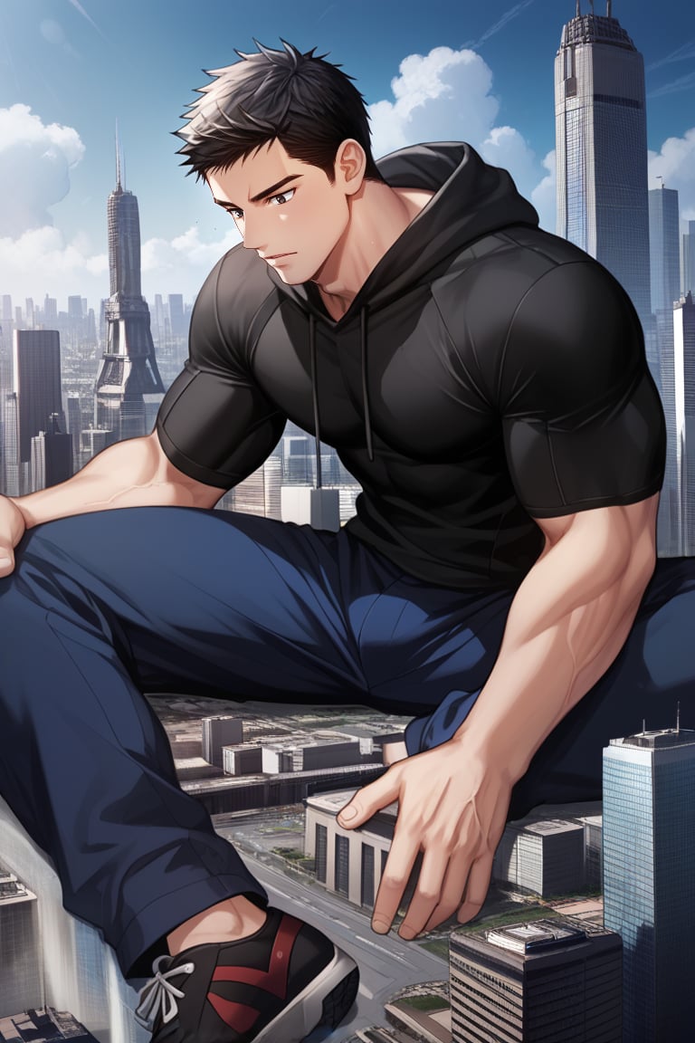 score_9_up, score_8_up, score_7_up, score_6_up, score_5_up, score_4_up, source_anime, detailed, masterpiece, perfect_proportion, detailed background, (zPDXL3), Expressiveh, 
BREAK, 
city, mega giant male, downtown, metropolis, building, size difference, lying down, full body,
BREAK, 
solo, bara, song_taewon, black hair , black eyes, short hair, sideburn,muscular male, thick body, pectorals, biceps, casual outfit, hoodie,
BREAK, 
masculine expression, 