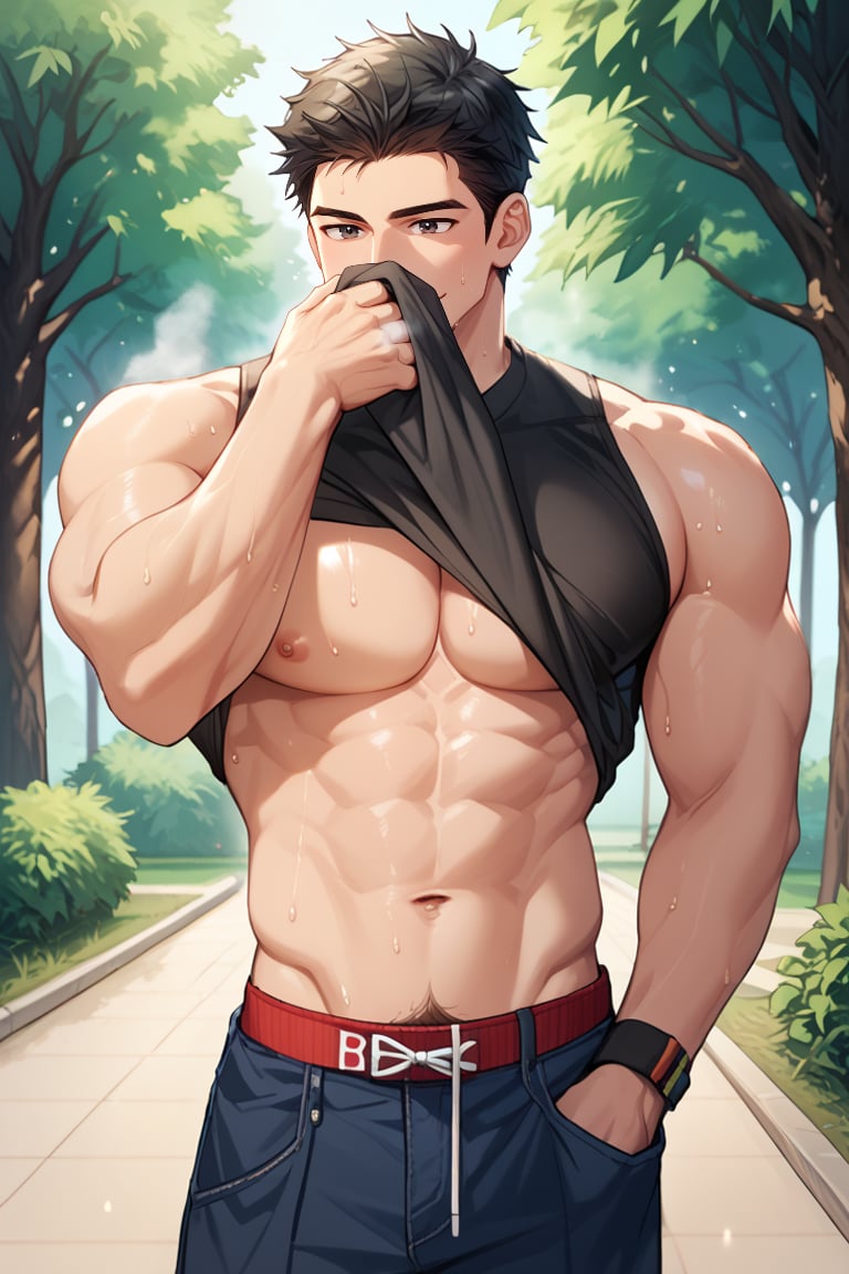 score_9, score_8_up, score_7_up, score_4_up,score_5_up,score_6_up, source_anime, best quality, masterpiece, (zPDXL3), , 
, BREAK, 
male focus, solo, bara, 1boy, song_taewon, black hair, black eyes, short hair, sideburn, muscular male, smile, 
BREAK, 
excessive public hair, navel hair, excessive armpit hair, sweat, steaming body,
BREAK,
outdoor, park, IncrsGCMeme, stomach,lifted by self,shirt,abs, covering mouth, red waistband,wband, hand in pocket