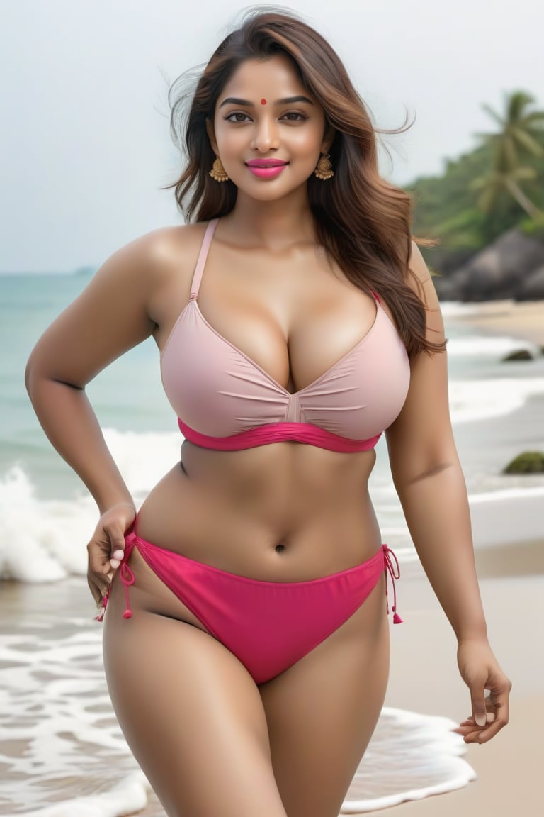 Indian beautiful girl, age 30 years, thick thigh,big ass, fair skin, open hair, Realistic, ultra-detailed, high quality, natural_censored, big_boobies, big_boobs, curvy_figure, smiling, side-tie_bikini, cleavage, belly_button, cleavage cutout, walking near beach, stylish haircut, jawline, sharp nose, pink lipstick, curvy_figure, no bindi, real face, real human face, 