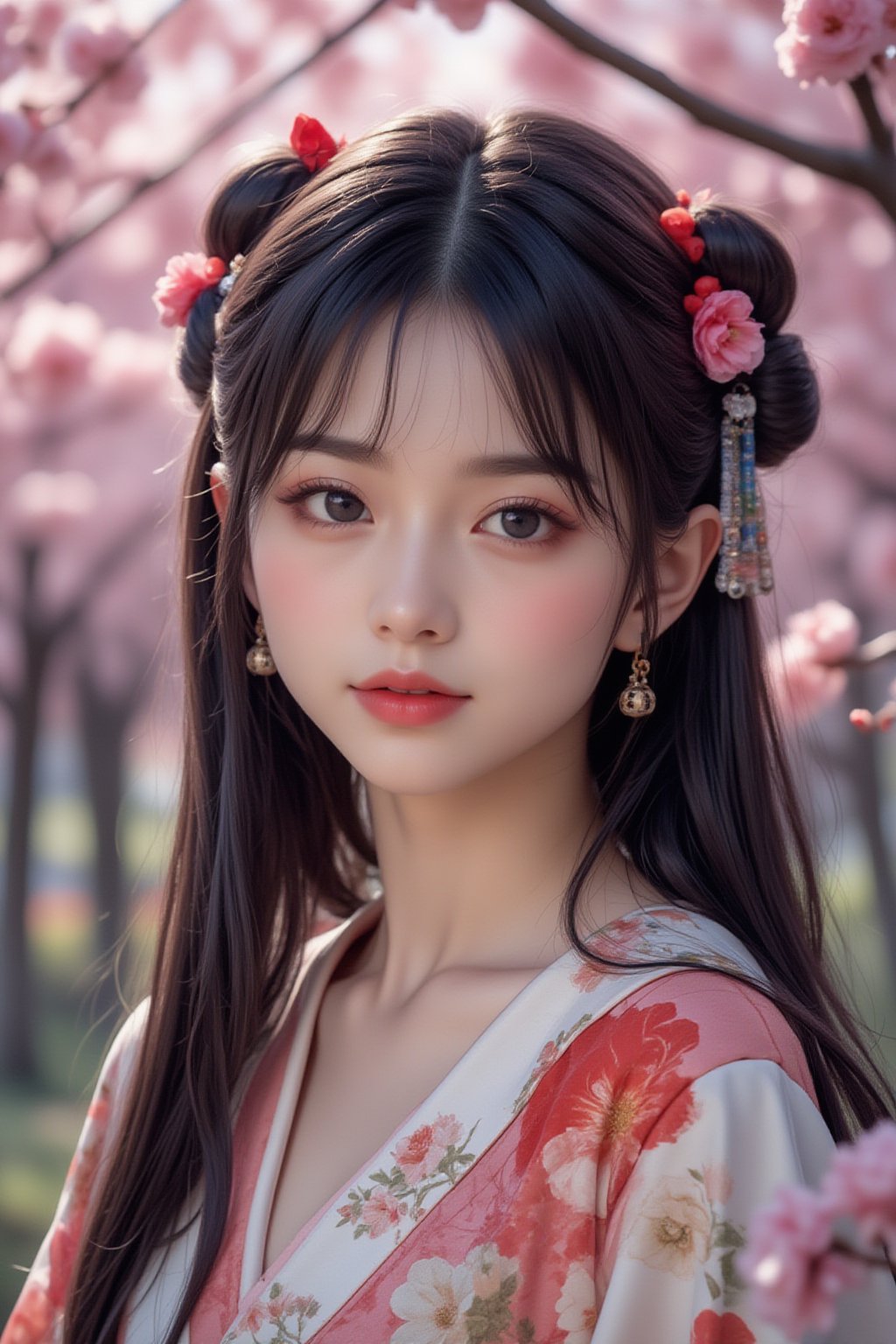 A serene Japanese maiden stands alone against a blurry backdrop of blooming cherry blossom trees. She gazes directly at the viewer with a gentle smile, her parted bangs framing her heart-shaped face. Her black hair cascades down her back, adorned with intricate hair ornaments and hair rings. Red eyes sparkle beneath luscious eyelashes, and her lips curve upward in a subtle grin. A floral print kimono drapes across her upper body, its vibrant colors muted by the soft focus of the background. Delicate earrings and a tassel dangle from her ears as she wears a bow-adorned hairstyle. The camera's shallow depth of field blurs everything except for our subject, emphasizing her captivating presence.