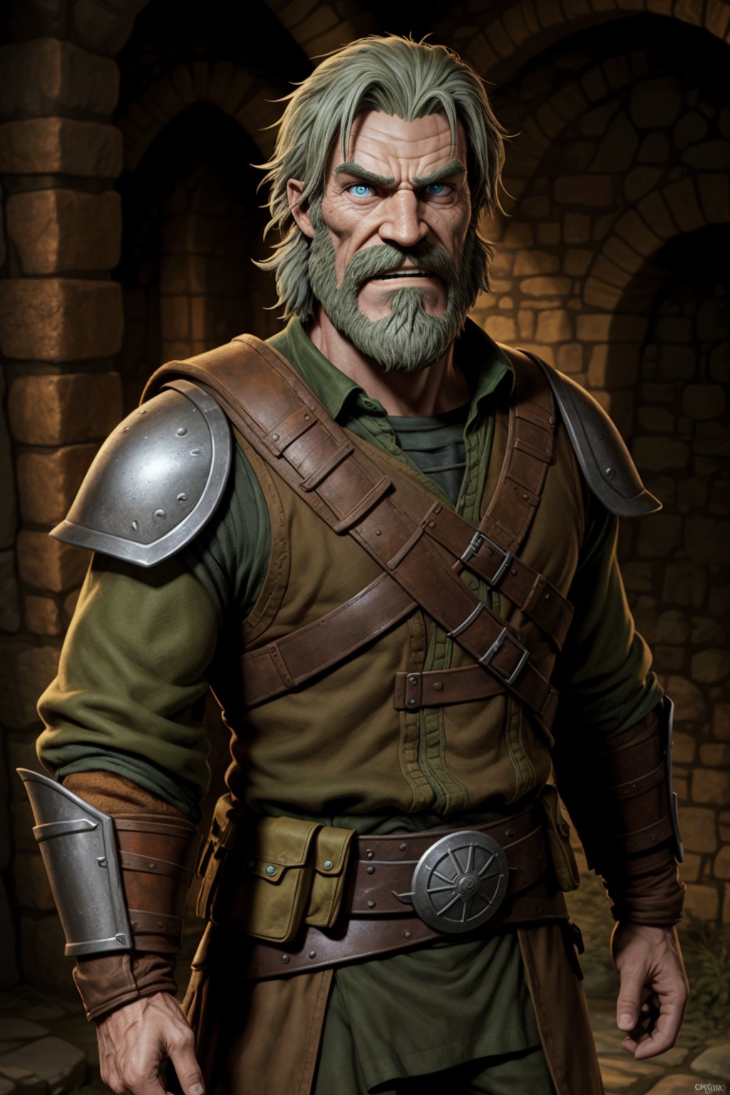 1boy, art by Frank Miller and Larry Elmore: A Frowning male armorer, dwarf, ((short, stocky and muscular)), bright Blue eyes, long grey hair and grey beard, Tan skin, ((long beard)), Gap-toothed, Large eyes, (dressed in  brown, tan, beige, taupe, khaki, green, olive, moss, and rust colors),  in a dungeon
