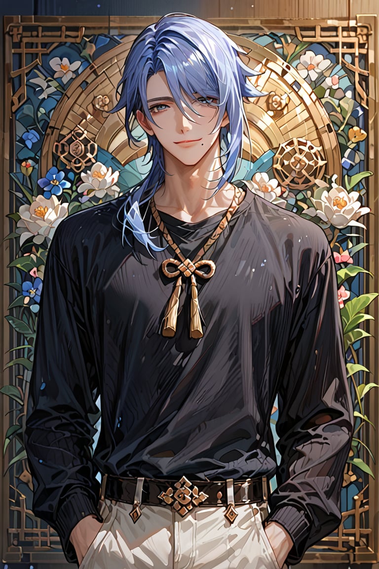 score_9, score_8_up, score_7_up, masterpiece, best quality, source_anime, detailed illustration, 8k UHD, (detailed background:1.1), looking at viewer, slight smile, 1boy, solo, kamisato ayato,blue hair,hair between eyes,bangs,mole under mouth,blue eyes, black shirt, black pants, both hands in his pocket