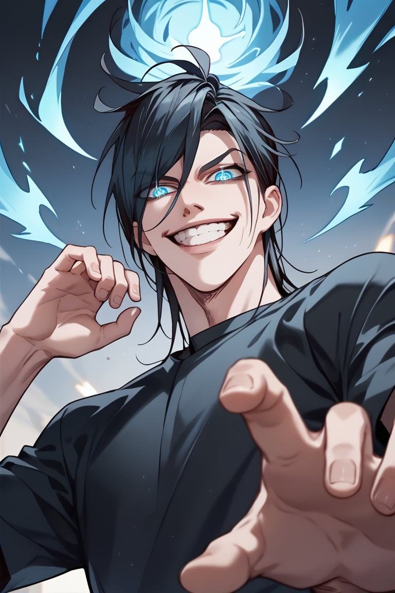 score_9, score_8_up, score_7_up, source_anime, masterpiece. best quality, absurdres, very aesthetic, from below, perfect face, ((webtoon style)), kayden, 1boy, looking at viewer, black hair, blue eyes, black shirt, glowing eyes, crazy smile, blue aura, superpower, hand up