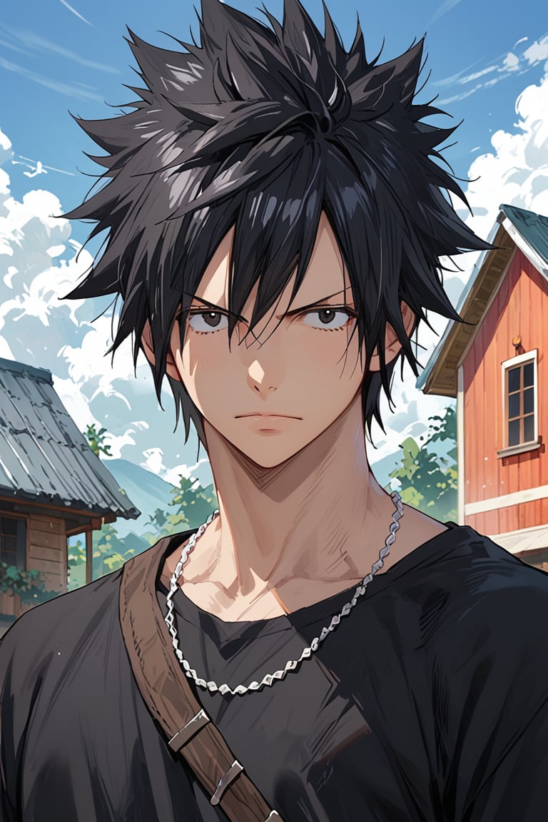 score_9, score_8_up, score_7_up, source_anime, 1boy, solo,gray_fullbuster, black eyes, black hair, spiked hair, in house, looking at sky