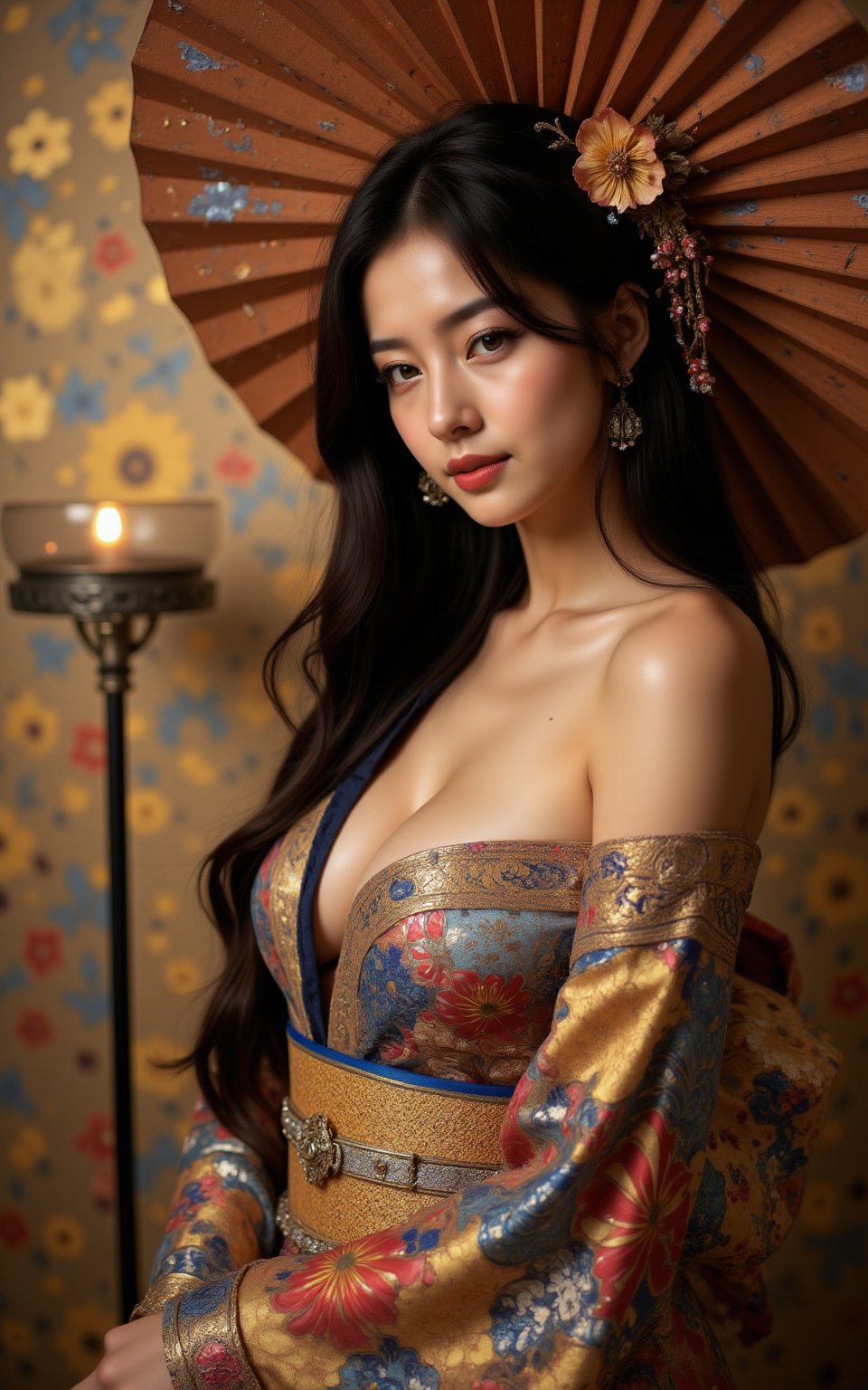 Illustrate “Lady With Fan” by Gustav Klimt, but reimagine it with sexy model. Maintain the composition and the lighting of the painting, but replace the subject with beautiful Japanese model wearing an offshoulder kimono with intricate details. Her hair flowing down, adorned with flowers. BREAK
Phase One XT with Rodenstock lens, low exposure, extreme high contrast, ISO 35, with a 50mm prime lens. The overall mood is sensual and ethereal.,dynamic_pose,aesthetic_pose,VNS_Add more details.