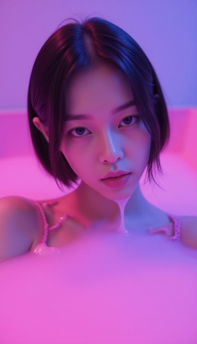 Masterpiece, best quality, in the style of Wes Anderson, Cinematic, (close up photo) BREAK
a photo of a sexy Korean model emerging from a pool full of milky pink liquid. Thick, gooey pink liquid. BREAK
((pink, blue, purple)) color grading, captivating lighting, Enhanced all,Detailed skin,Perfect Eyes,Skin blemish BREAK
hase One XT with Rodenstock lens, low exposure, extreme high contrast, ISO 35, with a 50mm prime lens. Blue eyes, burnt sienna hair, cute bandana, cute face.