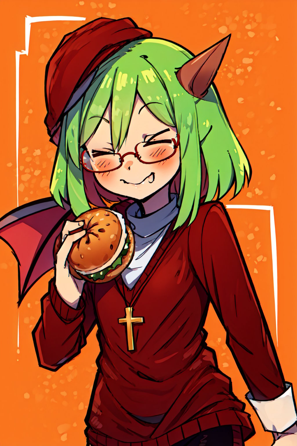 score_8_up, score_7_up, score_6_up, score_5_up, yosafire, 1girl, solo, green hair, glasses, red eyes, cross necklace, red sweater, white turtleneck, red boots, black pantyhose, demon horn, demon tail, demon_wings, beret ,(>_<:1),closed_eyes,eating a hamburger,nom hamburger