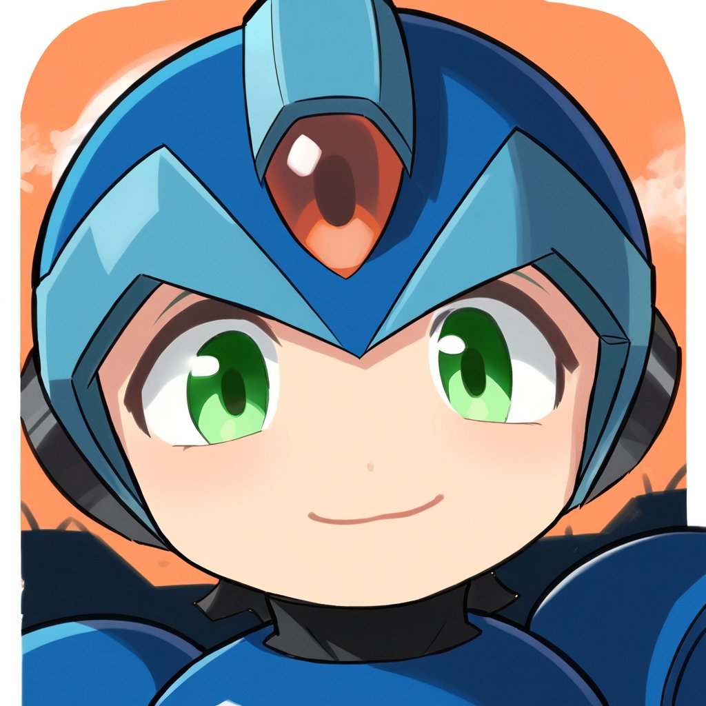  score_9_up, score_8_up, score_7_up,source_anime, 1boy, solo, male focus, X_megamanX, helmet, android, blue armor, green eyes, happy, ba_chibi, portrait, upper body, looking_at_viewer,Eyes,Beautiful eyes