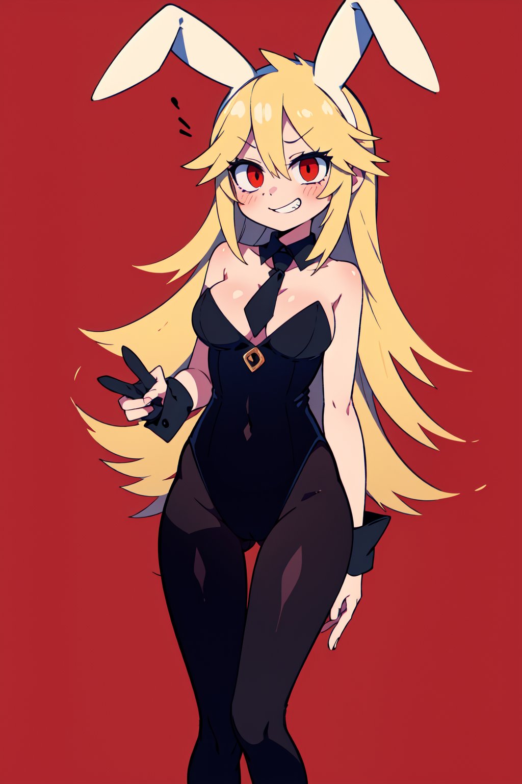 1girl, solo, long hair, blonde hair, simple background, red eyes, animal ears, tail, cowboy shot, pleated, grin, vest, black necktie, long black stockings, black boots, from the front, full body, masterpiece,mogeko castle, animal_ears, 1girl, bunny_ears, pantyhose, bunnysuit, wrist_cuffs, solo, big boobs, looking_at_viewer, bare_shoulders, detached_collar, red_neckwear, black_leotard, leotard, indoors, bare_arms, eyebrows_visible_through_hair, short_hair, blush, thigh_gap, standing, cleavage, bow, black_legwear, covered_navel, strapless, hair_between_eyes, hairband, thighs, hand_on_own_chest, bangs, cowboy_shot, medium_breasts, alternate_costume, collarbone