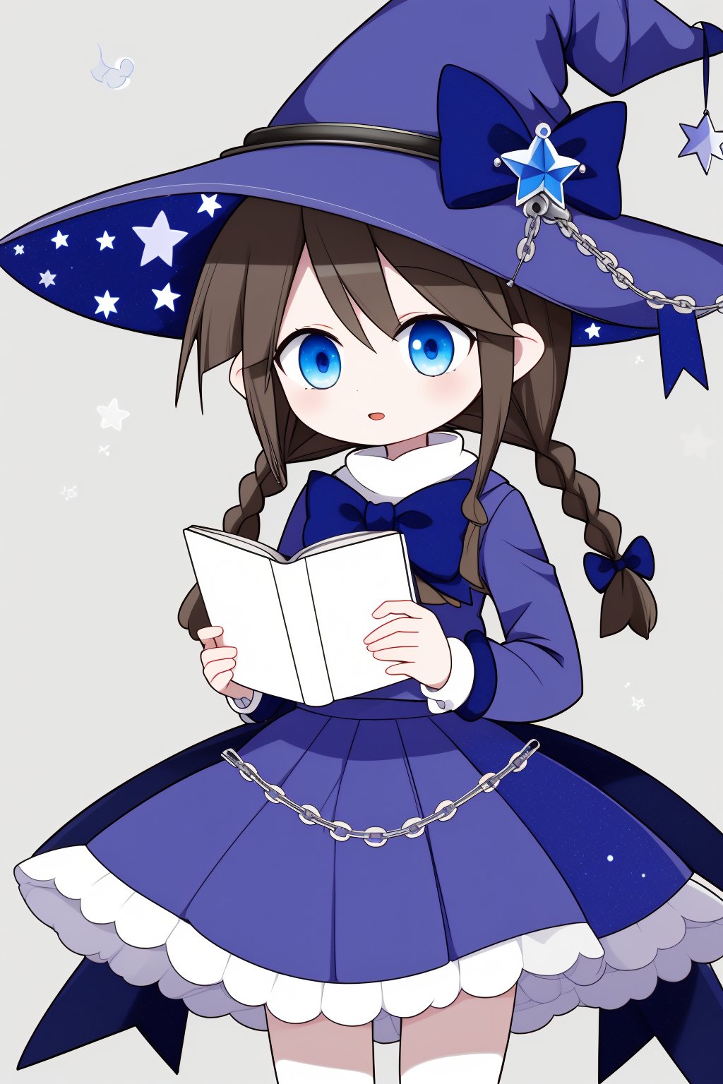 (masterpiece, high quality, highres:1),1girl,solo, wadablue, twin braids, long hair, witch hat, blue bow, star print, hat ornament, blue ribbon, book, holding book, blue skirt, chain, star \(symbol\), very white skin,Mog3ko, looking_at_viewer