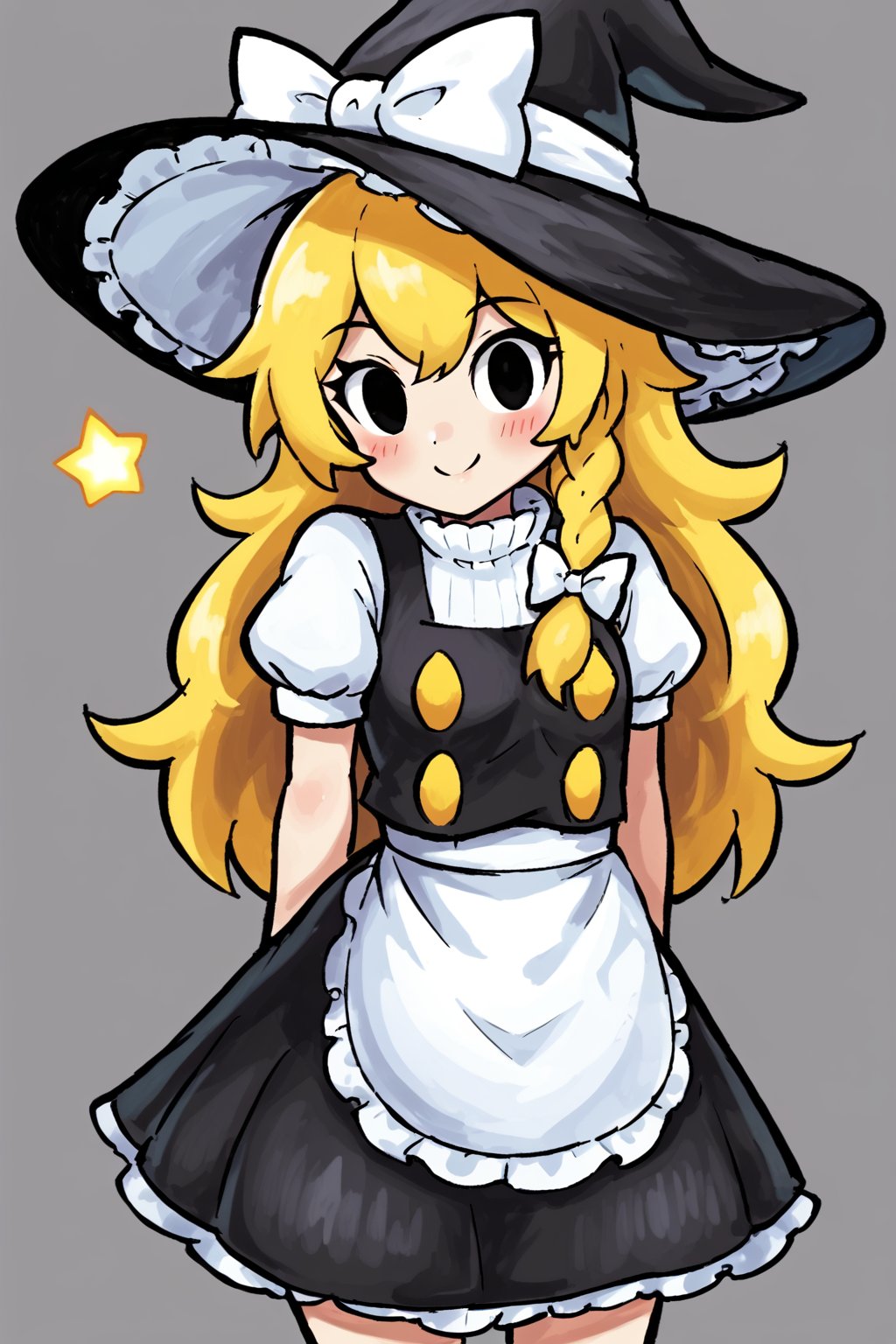 1girl, solo, long hair, looking at viewer, blush, smile, bangs, skirt, blonde hair, simple background, shirt, hat, bow, black eyes, white shirt, braid, short sleeves, hair bow, puffy sleeves, black skirt, star \(symbol\), apron, vest, puffy short sleeves, single braid, black headwear, witch hat, buttons, turtleneck, white bow, hat bow, waist apron, white apron, side braid, black vest, kirisame marisa,Mario1024